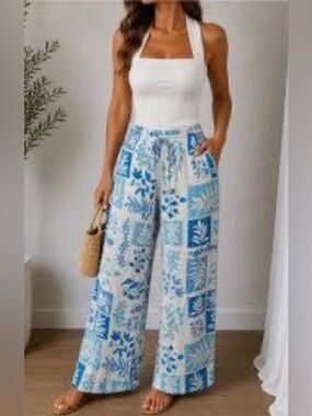 Sienna Sky Women's Size XL Wide-Leg Pants Blue/White Patchwork Print Summer Wear